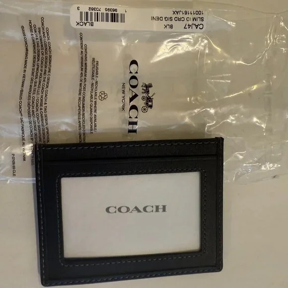 Coach Black Leather Signature C Denim SLIM ID Card Case Wallet CAJ47 - Picture 5 of 15